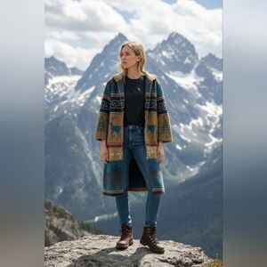 Vtg 90s rustic Aztec long wool blend jacket by Krista koeppe